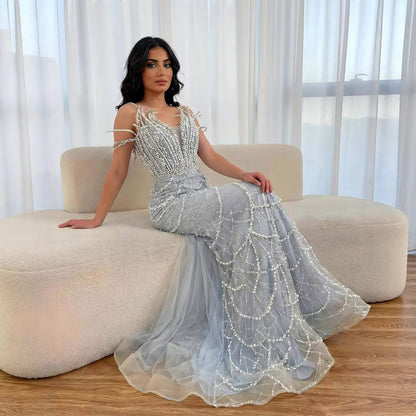 Luxury Nude Saudi Pearls Mermaid Evening Dresses Gowns for Formal Occasion LA72816