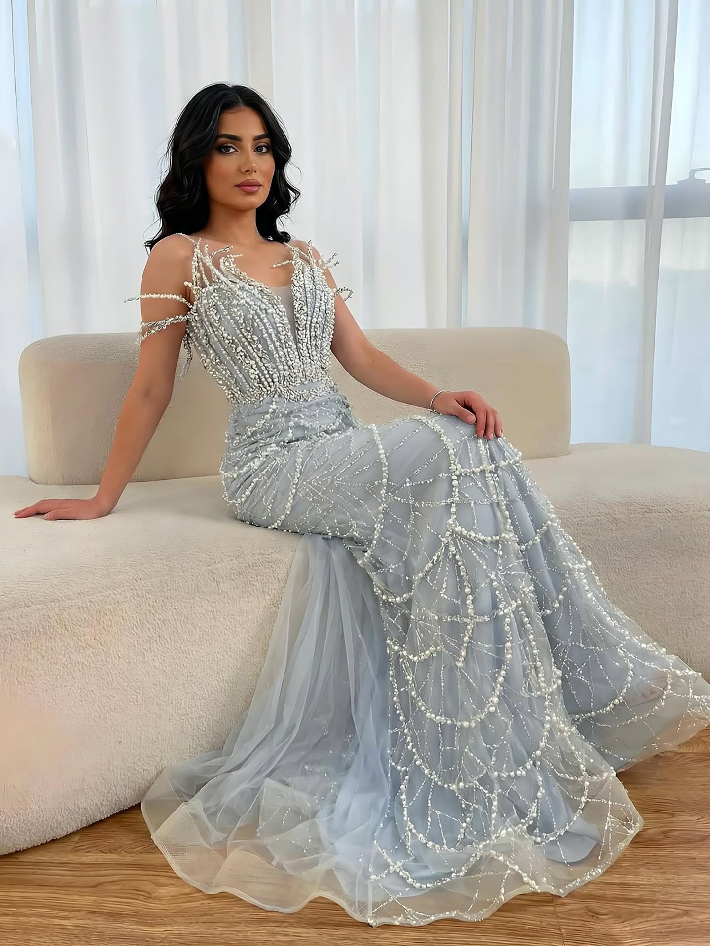 Luxury Nude Saudi Pearls Mermaid Evening Dresses Gowns for Formal Occasion LA72816