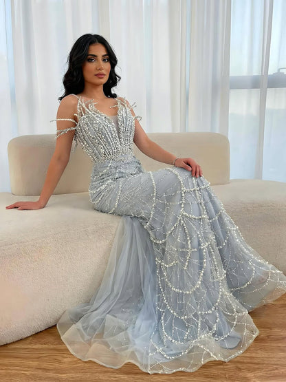Luxury Nude Saudi Pearls Mermaid Evening Dresses Gowns for Formal Occasion LA72816