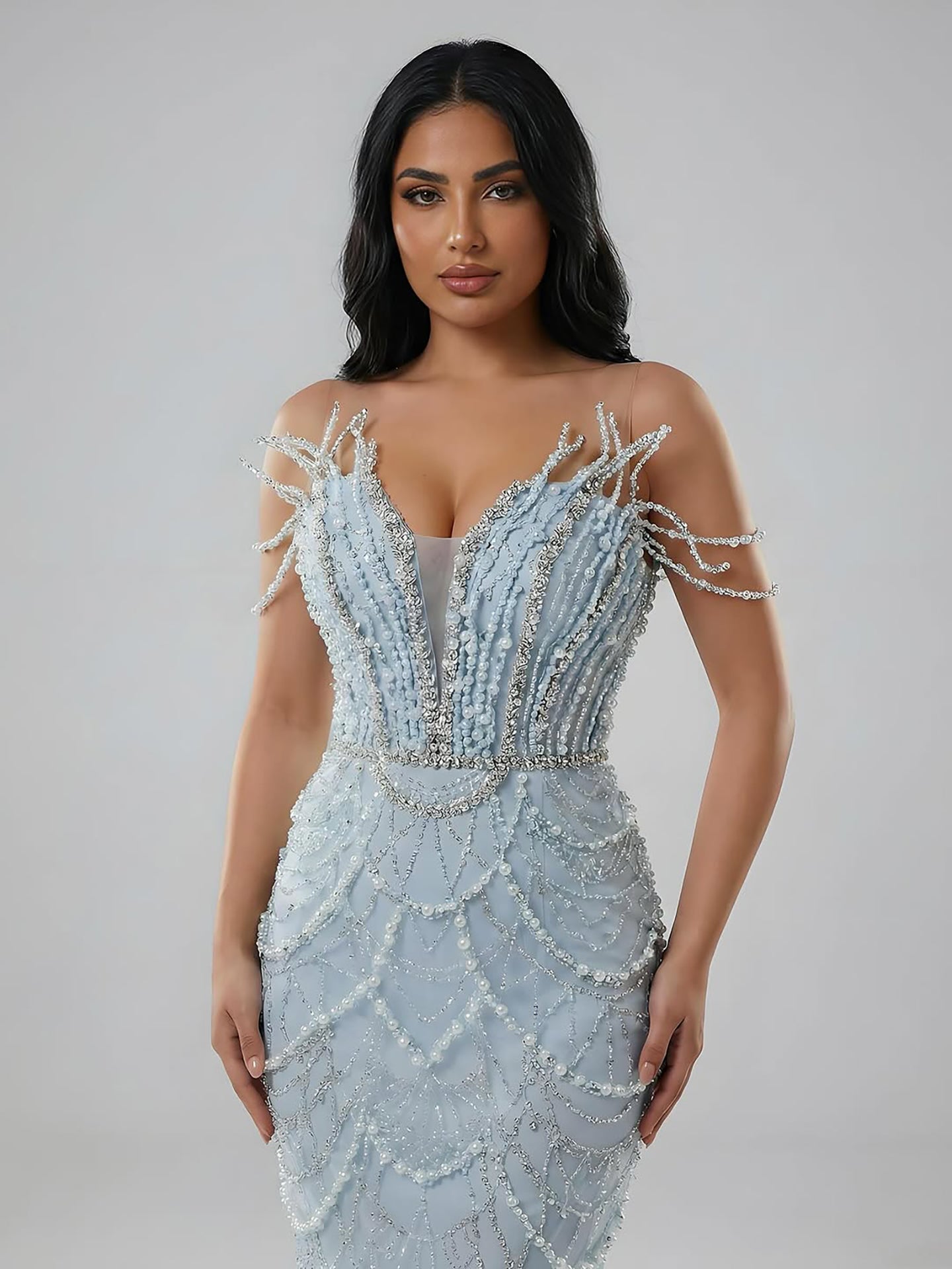 Luxury Nude Saudi Pearls Mermaid Evening Dresses Gowns for Formal Occasion LA72816