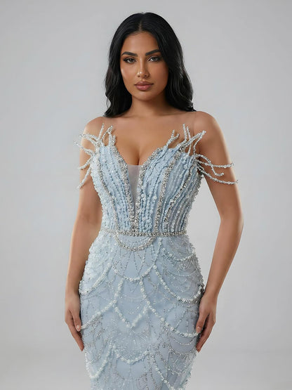 Luxury Nude Saudi Pearls Mermaid Evening Dresses Gowns for Formal Occasion LA72816