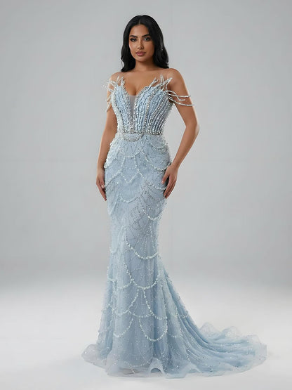 Luxury Nude Saudi Pearls Mermaid Evening Dresses Gowns for Formal Occasion LA72816