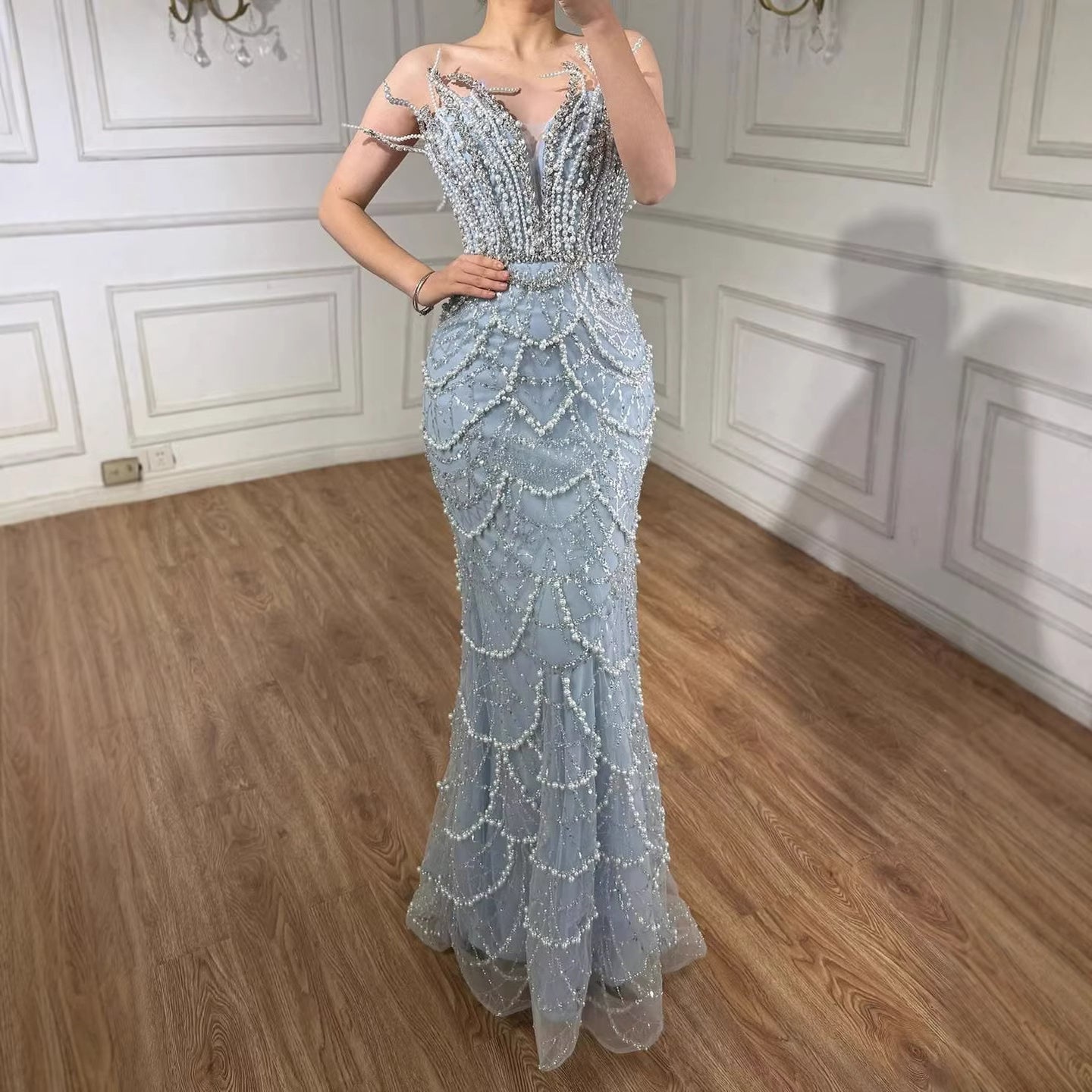 Luxury Nude Saudi Pearls Mermaid Evening Dresses Gowns for Formal Occasion LA72816