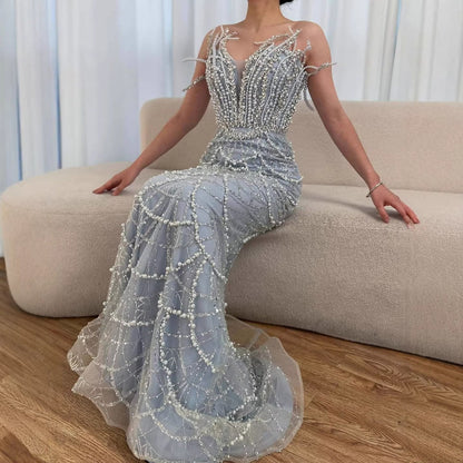 Luxury Nude Saudi Pearls Mermaid Evening Dresses Gowns for Formal Occasion LA72816