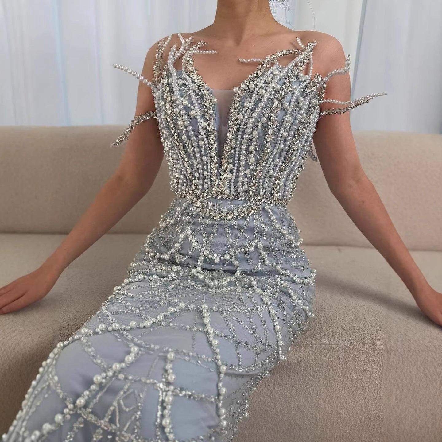 Luxury Nude Saudi Pearls Mermaid Evening Dresses Gowns for Formal Occasion LA72816