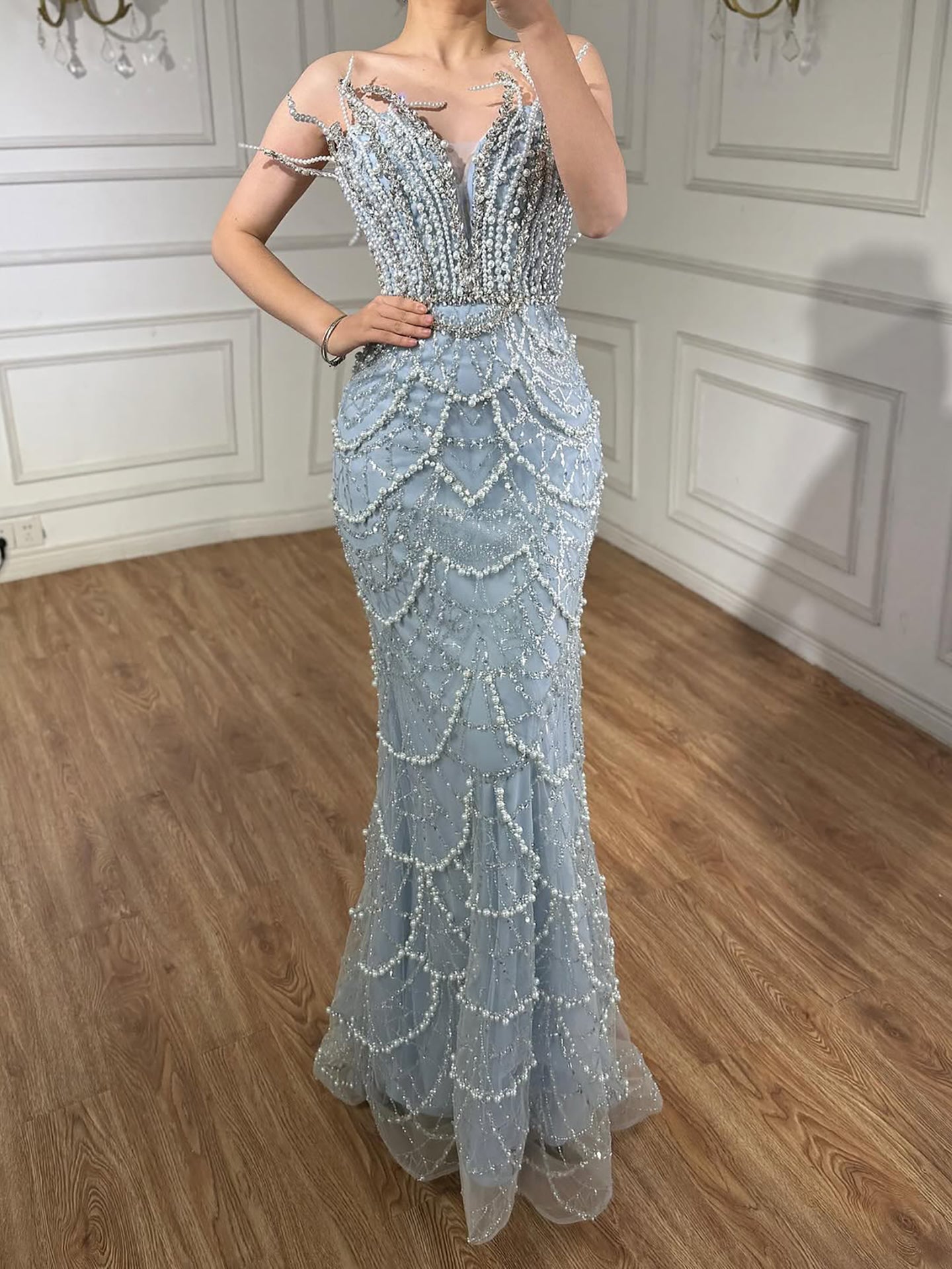 Luxury Nude Saudi Pearls Mermaid Evening Dresses Gowns for Formal Occasion LA72816