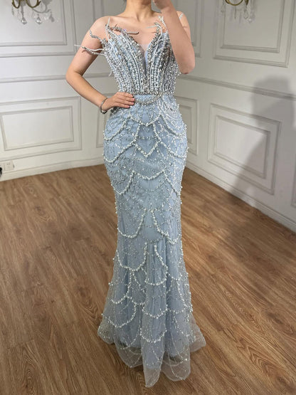 Luxury Nude Saudi Pearls Mermaid Evening Dresses Gowns for Formal Occasion LA72816