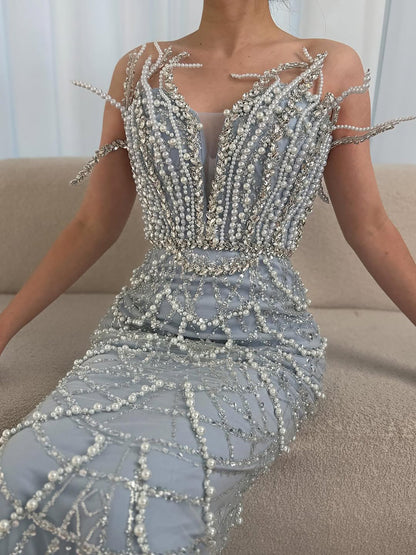 Luxury Nude Saudi Pearls Mermaid Evening Dresses Gowns for Formal Occasion LA72816