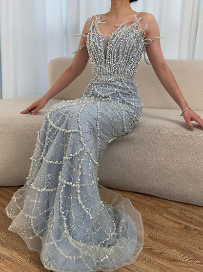 Luxury Nude Saudi Pearls Mermaid Evening Dresses Gowns for Formal Occasion LA72816