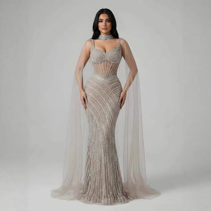 Luxury Nude Beaded Mermaid Evening Dress With Cape Sleeves LA72860