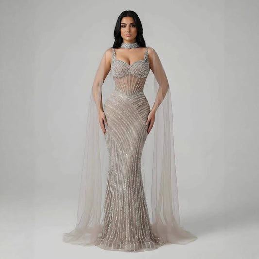 Luxury Nude Beaded Mermaid Evening Dress With Cape Sleeves LA72860