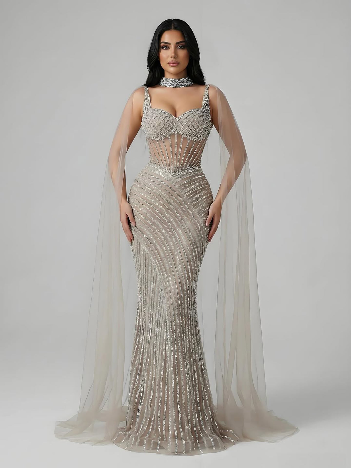 Luxury Nude Beaded Mermaid Evening Dress With Cape Sleeves LA72860