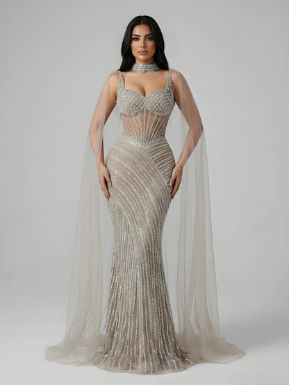 Luxury Nude Beaded Mermaid Evening Dress With Cape Sleeves LA72860