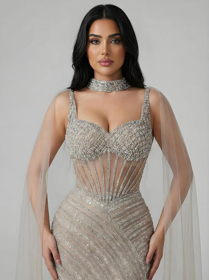 Luxury Nude Beaded Mermaid Evening Dress With Cape Sleeves LA72860