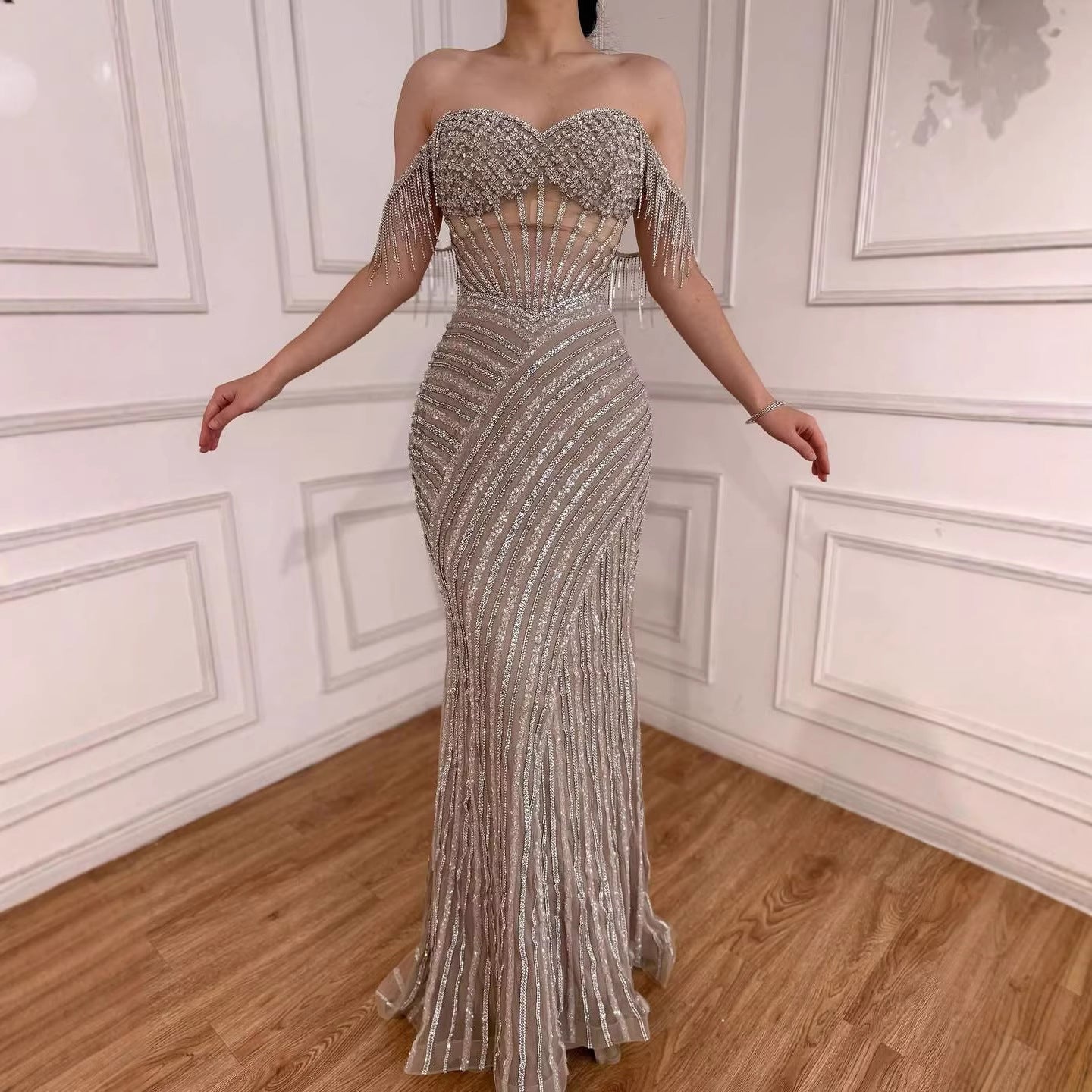 Luxury Nude Beaded Mermaid Evening Dress With Cape Sleeves LA72860