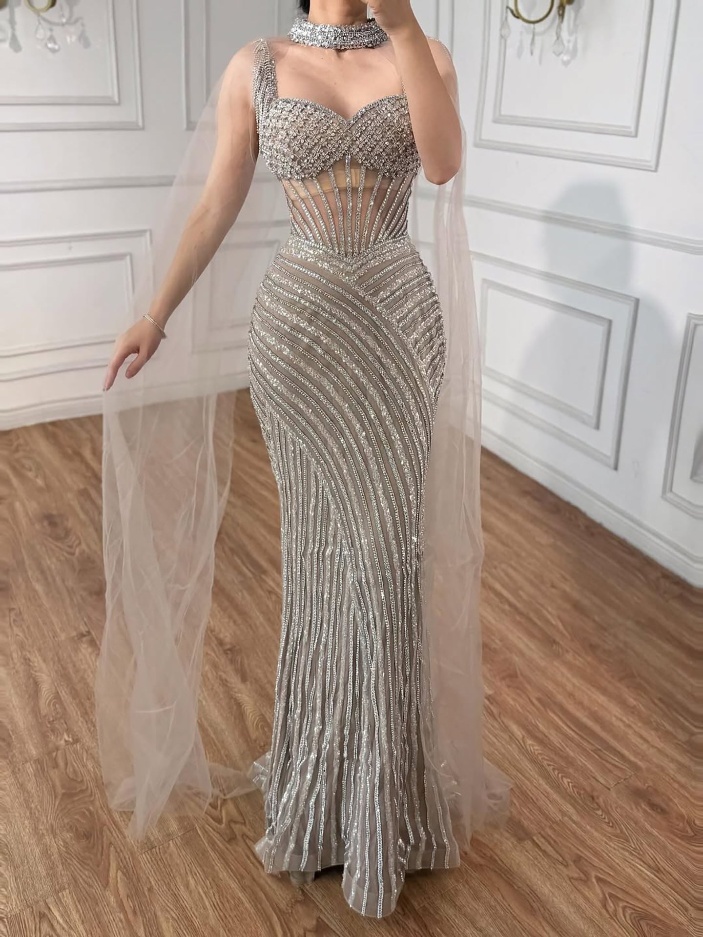 Luxury Nude Beaded Mermaid Evening Dress With Cape Sleeves LA72860