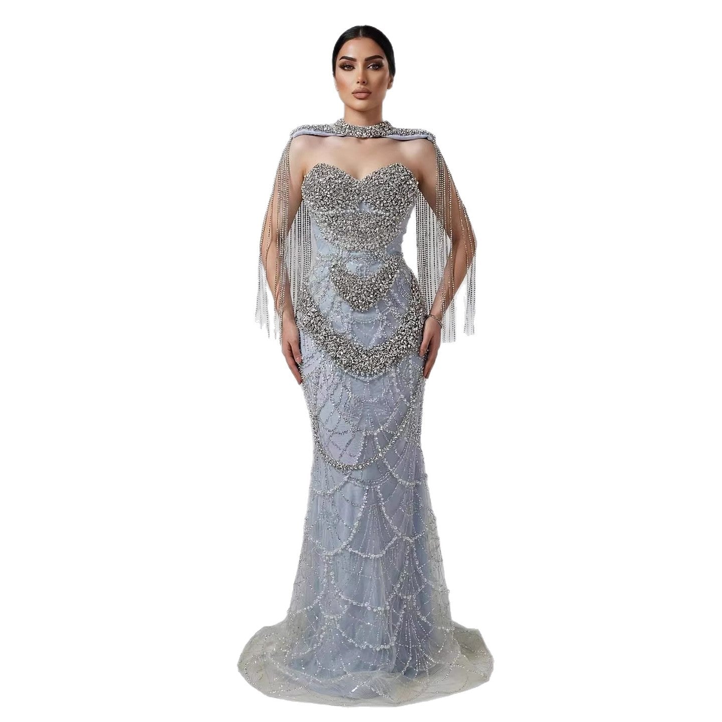 Luxury Nude Beaded Evening Dress with Tassel Short Cape LA72876