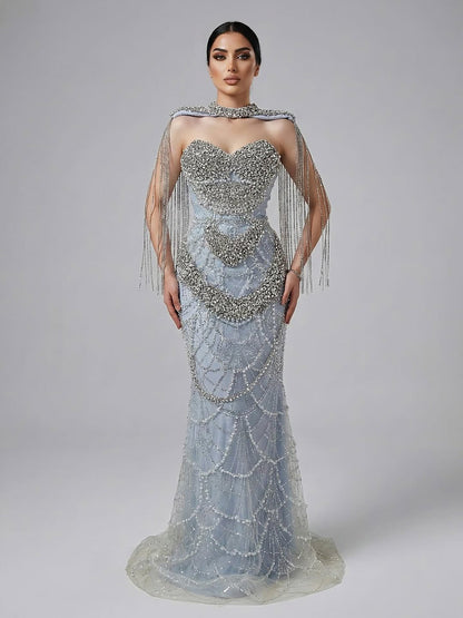 Luxury Nude Beaded Evening Dress with Tassel Short Cape LA72876