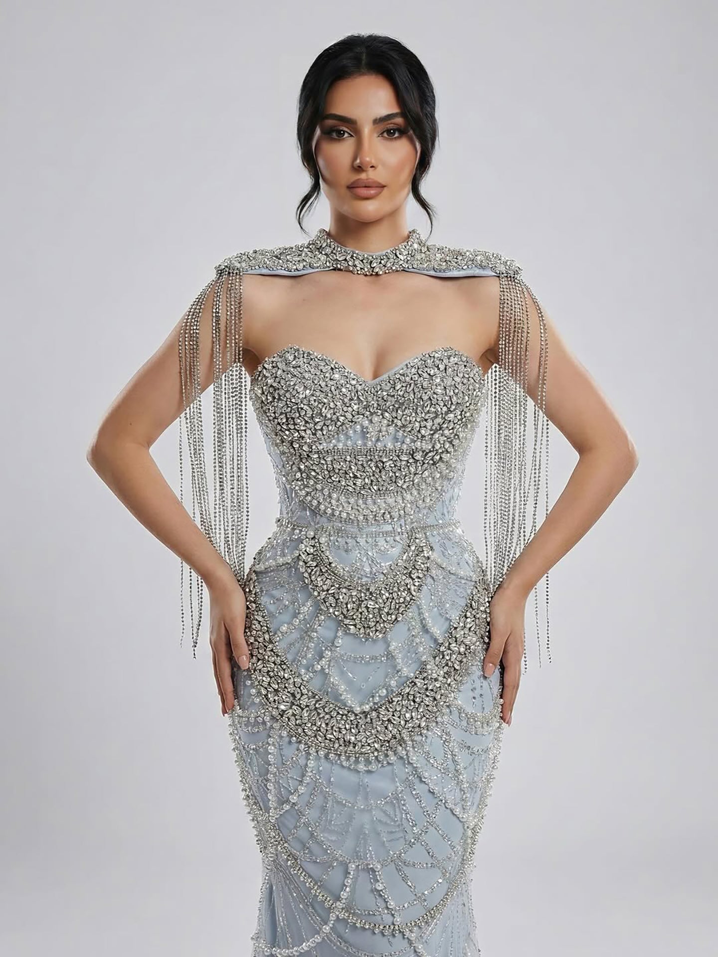 Luxury Nude Beaded Evening Dress with Tassel Short Cape LA72876