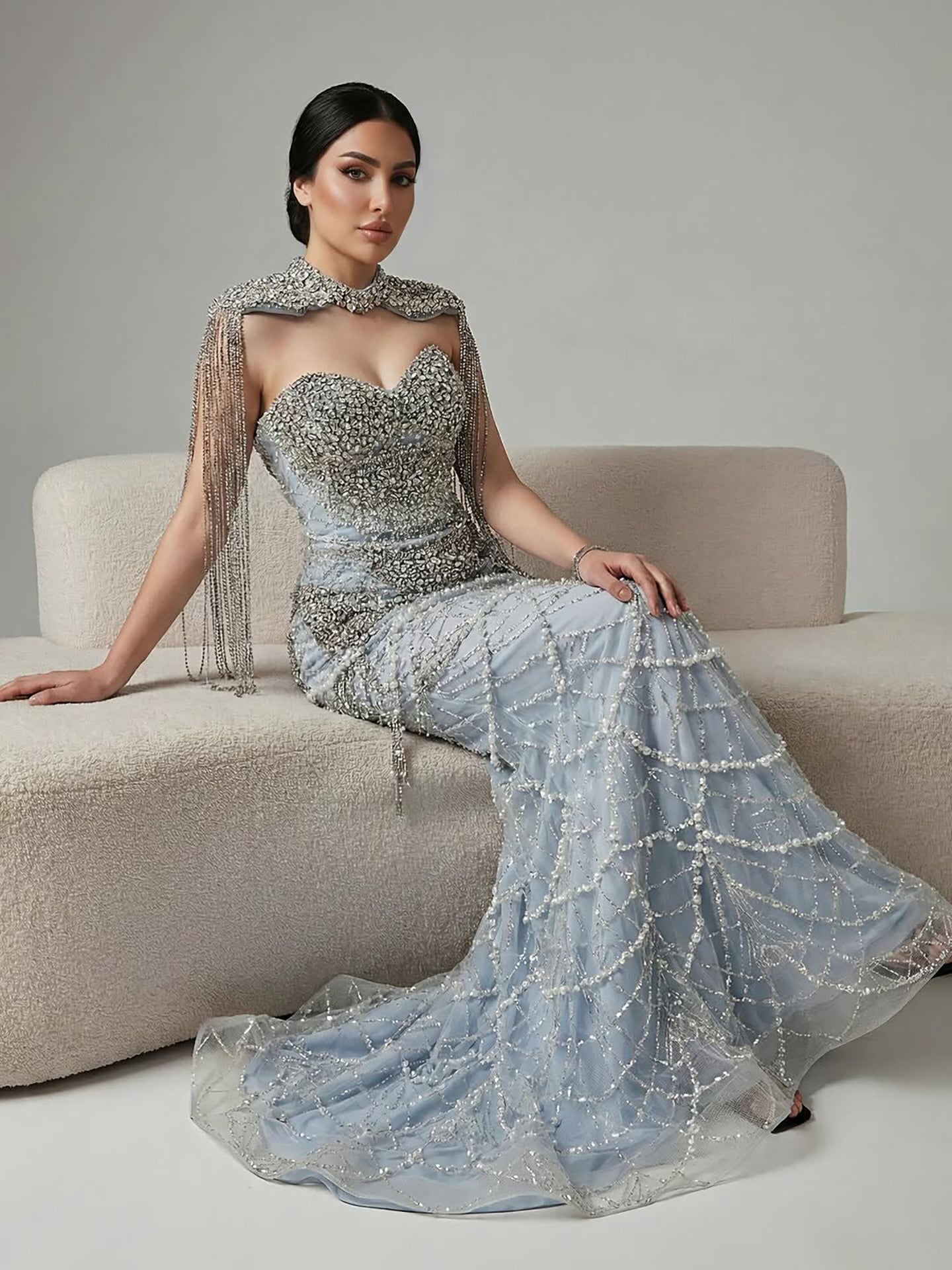 Luxury Nude Beaded Evening Dress with Tassel Short Cape LA72876