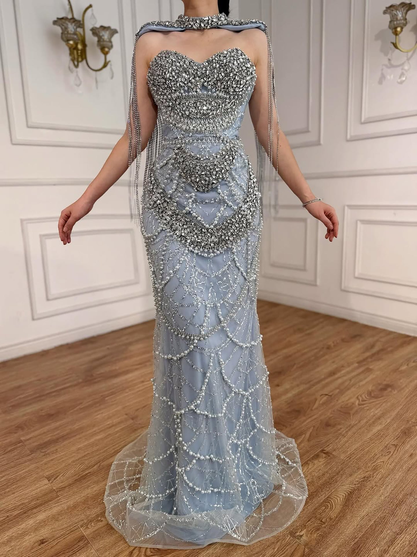 Luxury Nude Beaded Evening Dress with Tassel Short Cape LA72876