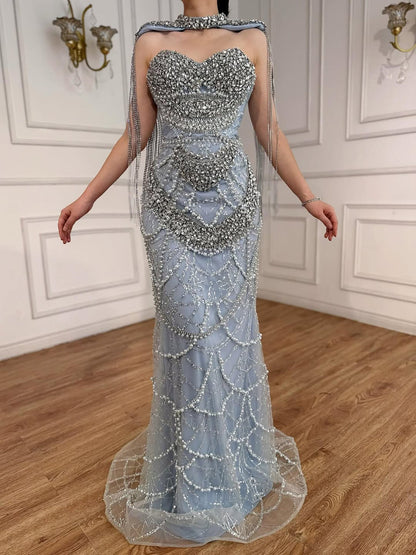 Luxury Nude Beaded Evening Dress with Tassel Short Cape LA72876