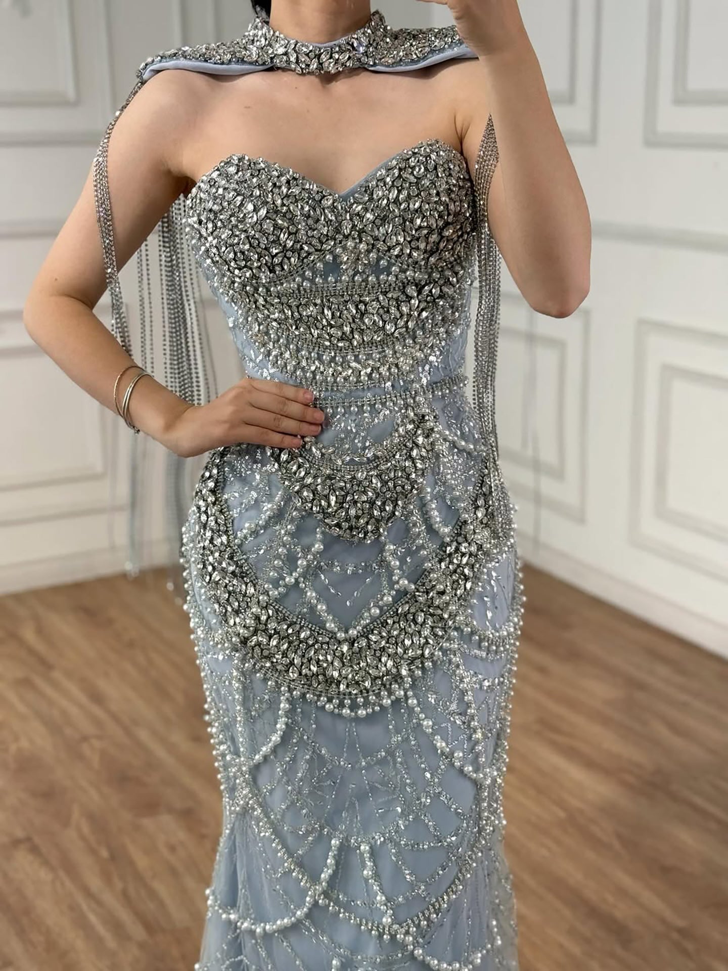 Luxury Nude Beaded Evening Dress with Tassel Short Cape LA72876