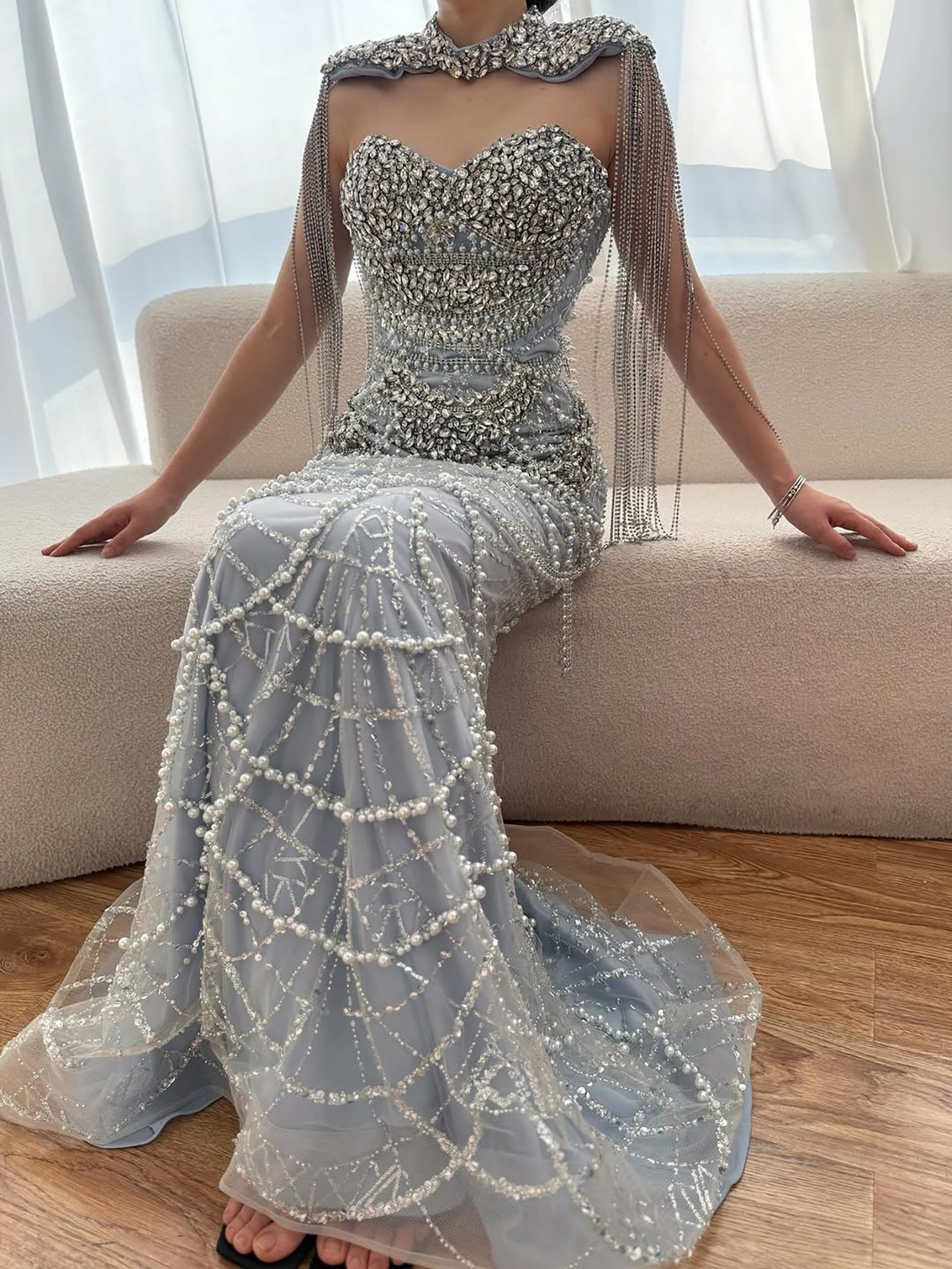 Luxury Nude Beaded Evening Dress with Tassel Short Cape LA72876