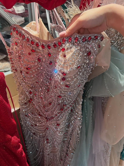 Luxury Red Crystal Mermaid Dress with Detachable Cape LA72903A