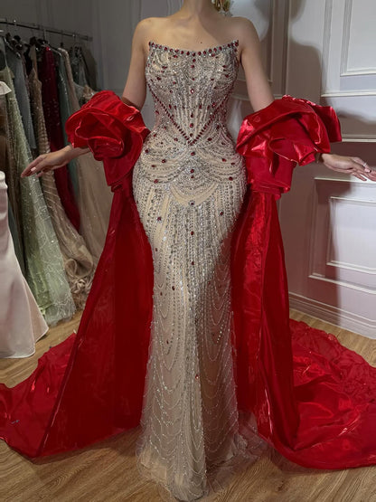 Luxury Red Crystal Mermaid Dress with Detachable Cape LA72903A
