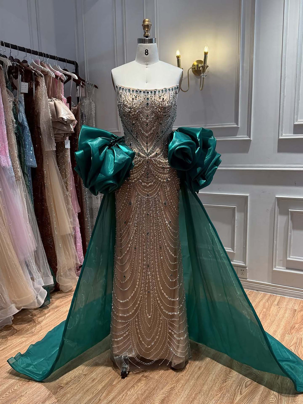 Luxury Red Crystal Mermaid Dress with Detachable Cape LA72903A