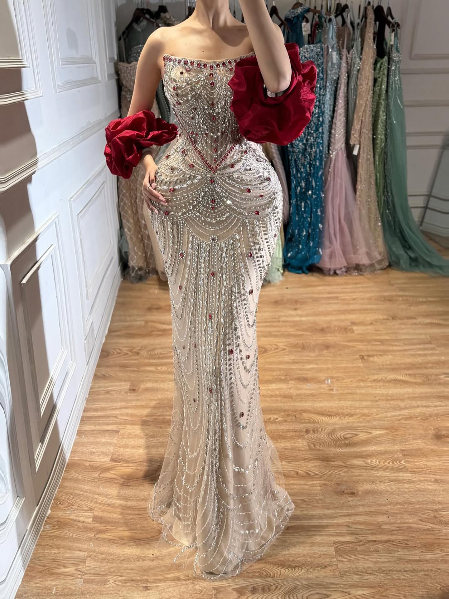 Luxury Red Crystal Mermaid Dress with Detachable Cape LA72903A