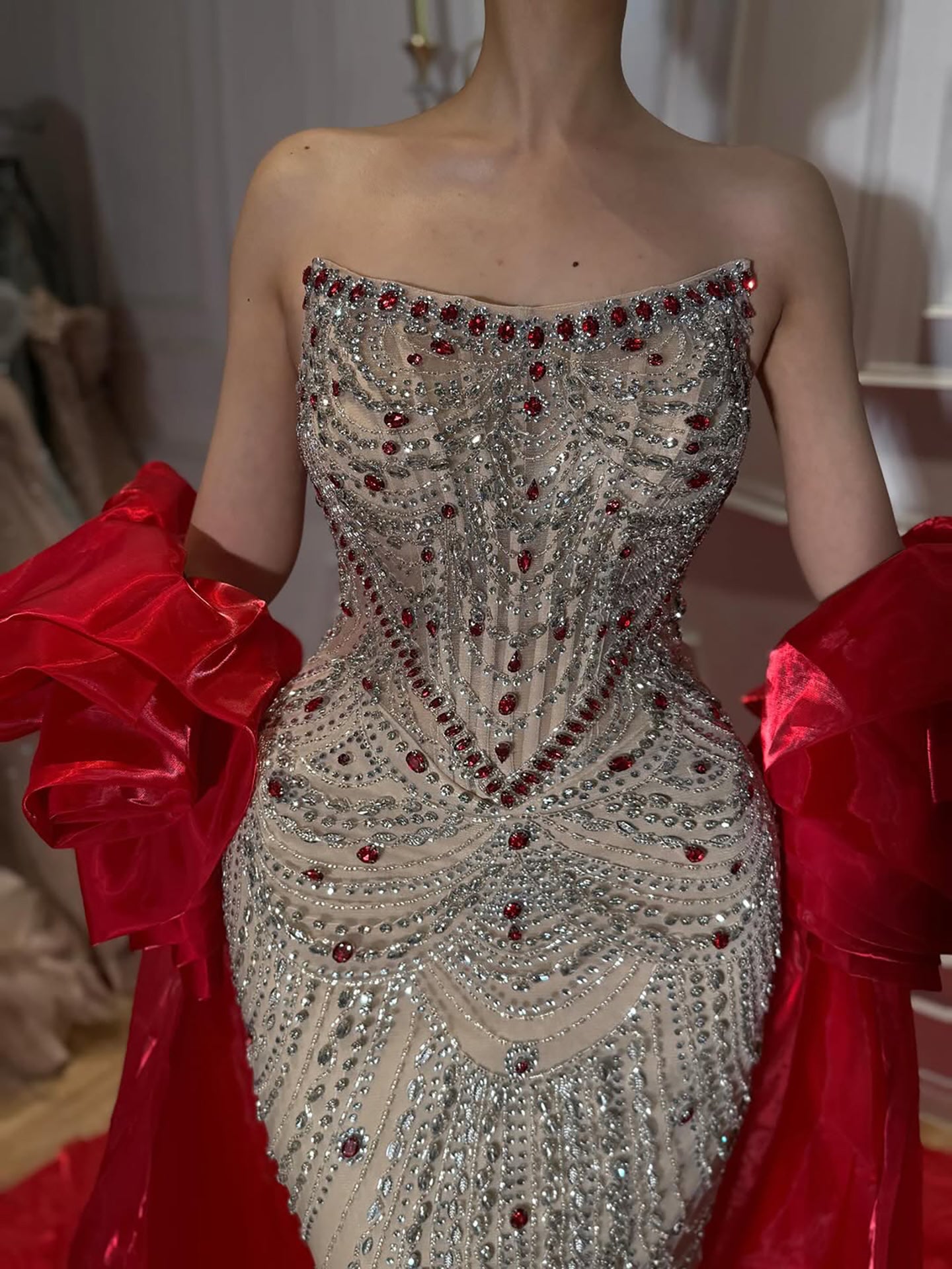 Luxury Red Crystal Mermaid Dress with Detachable Cape LA72903A