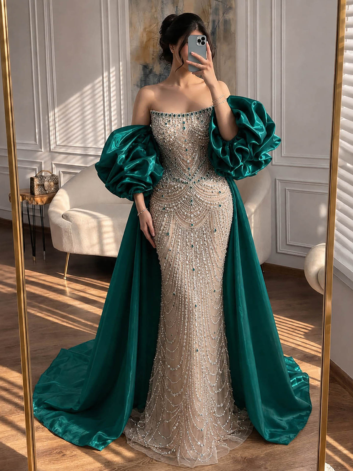 Luxury Red Crystal Mermaid Dress with Detachable Cape LA72903A