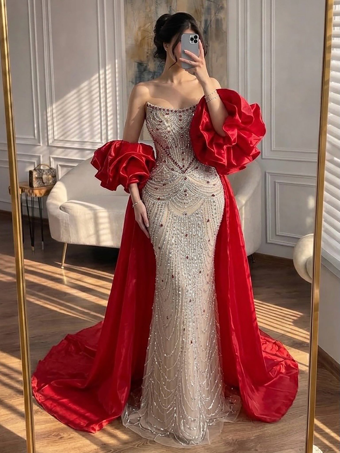 Luxury Red Crystal Mermaid Dress with Detachable Cape LA72903A
