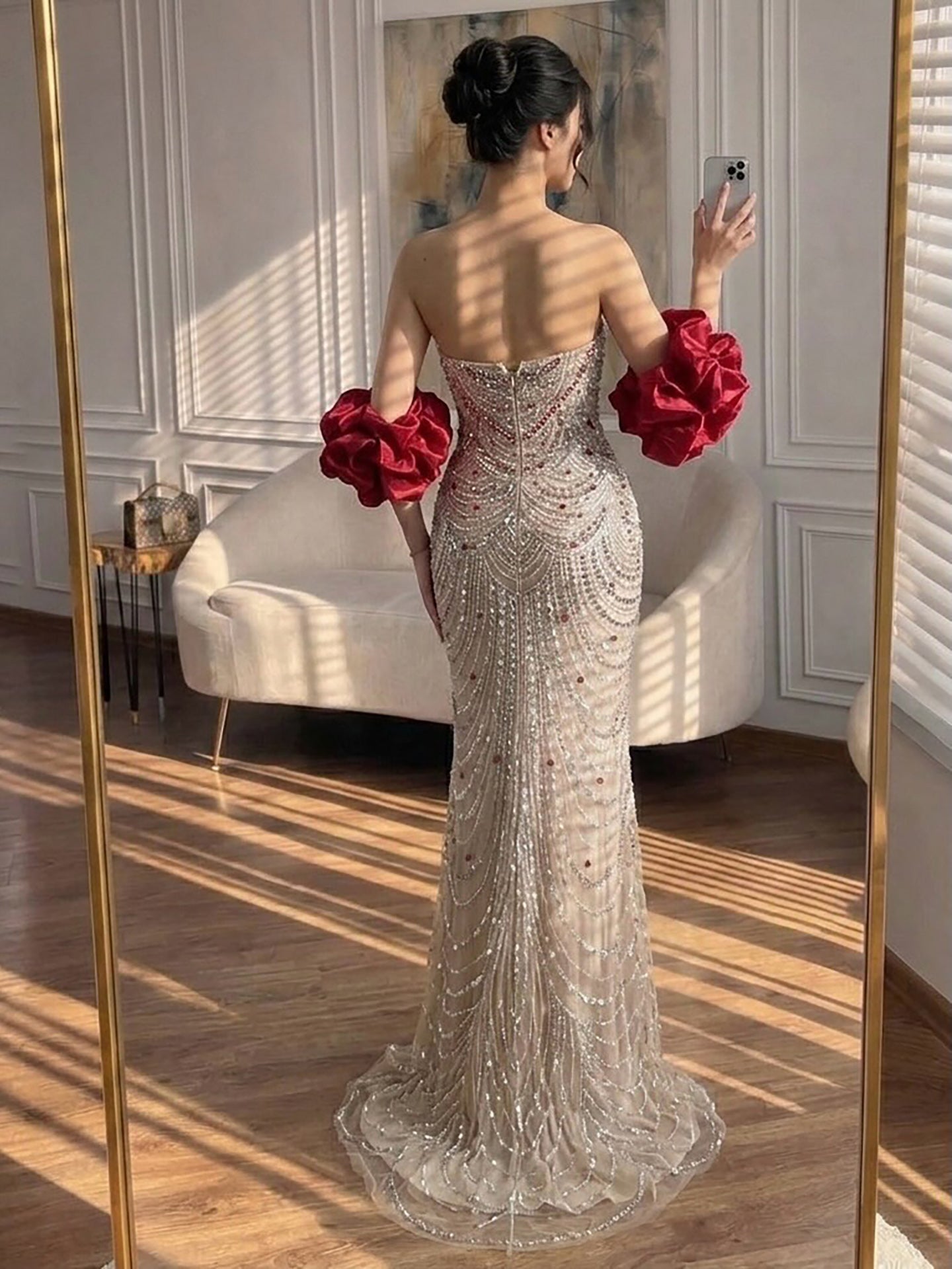 Luxury Red Crystal Mermaid Dress with Detachable Cape LA72903A