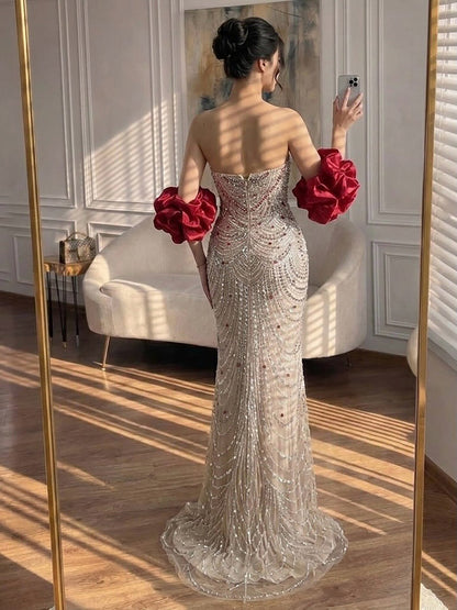 Luxury Red Crystal Mermaid Dress with Detachable Cape LA72903A