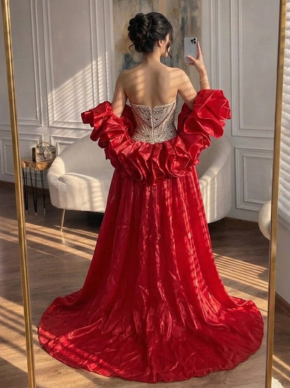 Luxury Red Crystal Mermaid Dress with Detachable Cape LA72903A