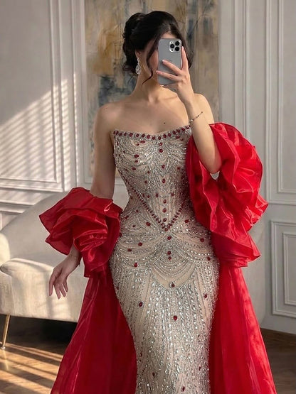 Luxury Red Crystal Mermaid Dress with Detachable Cape LA72903A