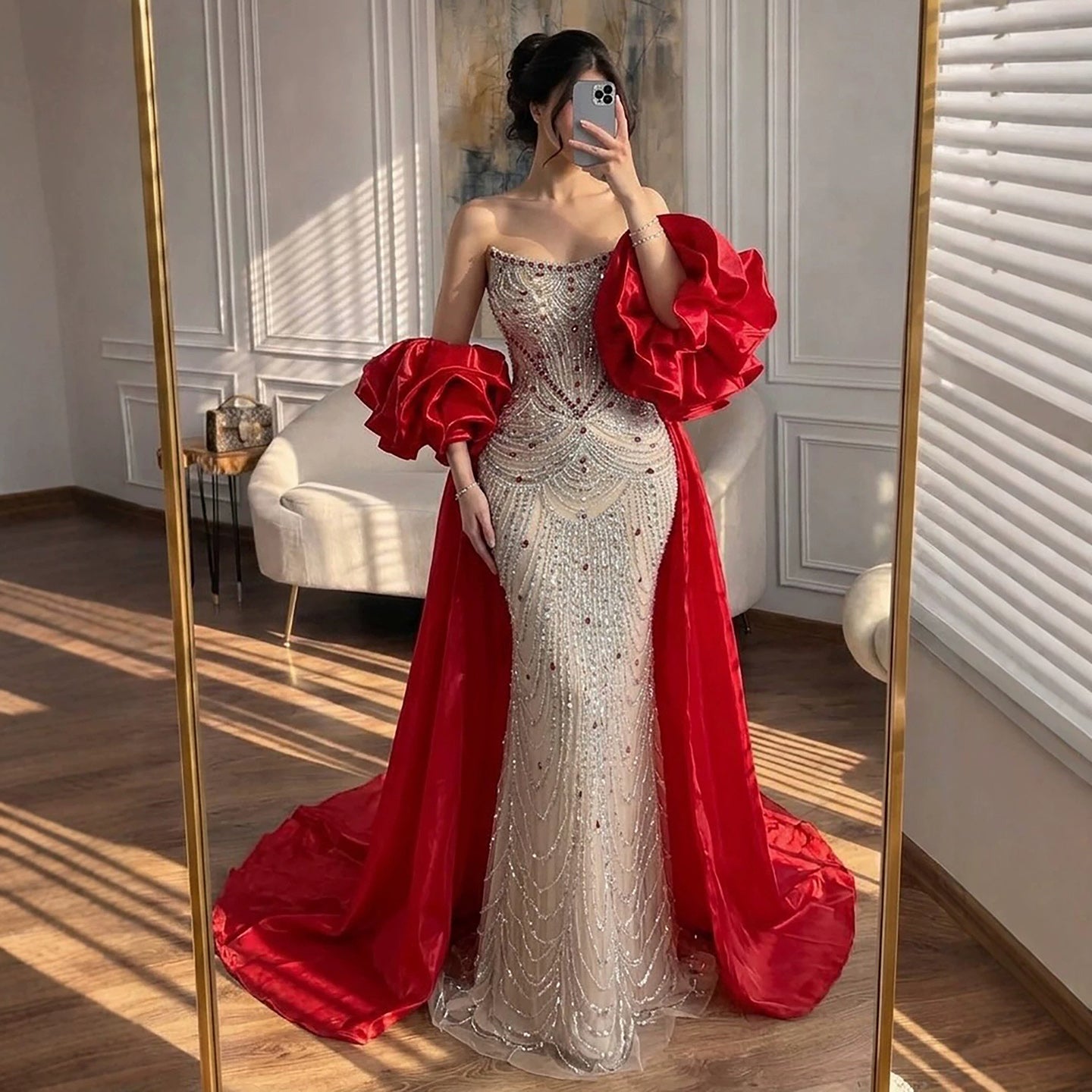 Luxury Red Crystal Mermaid Dress with Detachable Cape LA72903A