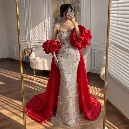 Luxury Red Crystal Mermaid Dress with Detachable Cape LA72903A