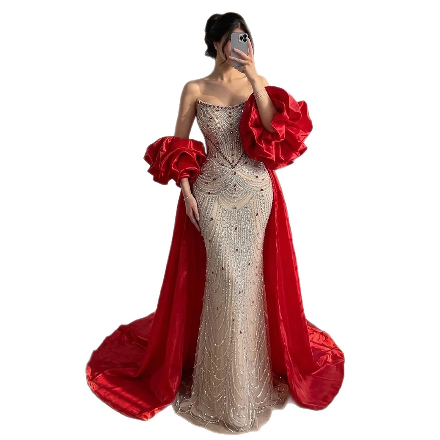 Luxury Red Crystal Mermaid Dress with Detachable Cape LA72903A