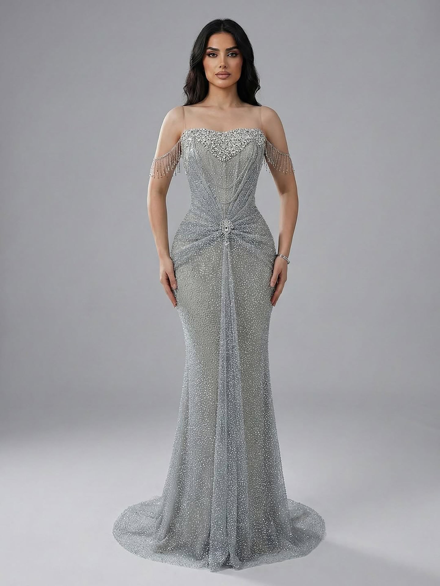 Luxury Silver Gray Beaded Crystal Strapless Evening Dress LA72905A