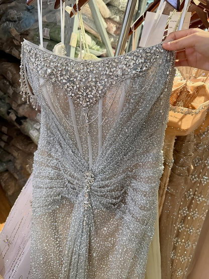 Luxury Silver Gray Beaded Crystal Strapless Evening Dress LA72905B