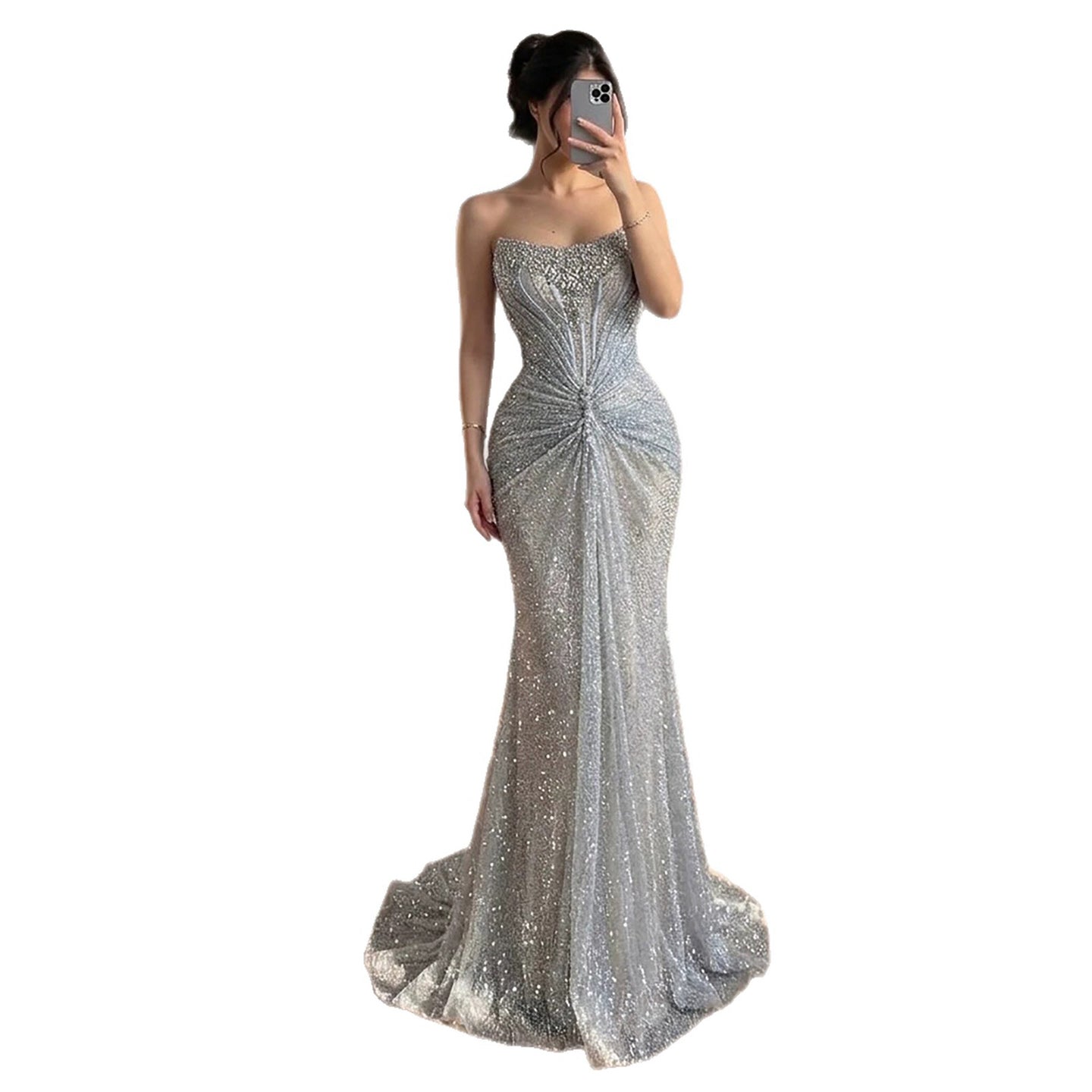 Luxury Silver Gray Beaded Crystal Strapless Evening Dress LA72905B