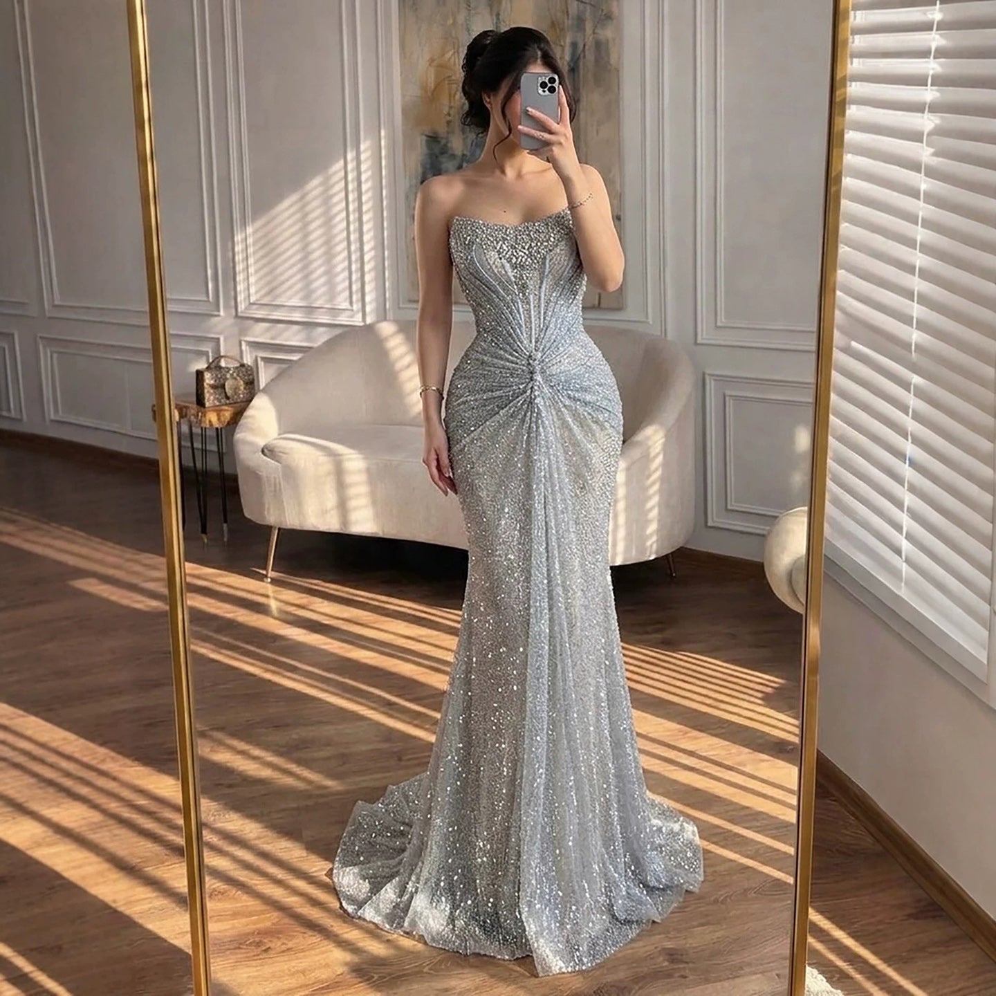 Luxury Silver Gray Beaded Crystal Strapless Evening Dress LA72905B