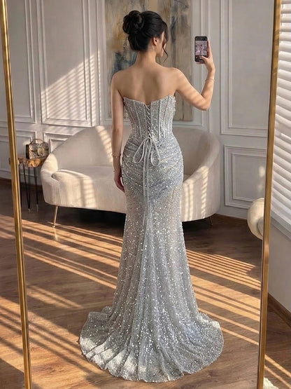 Luxury Silver Gray Beaded Crystal Strapless Evening Dress LA72905B