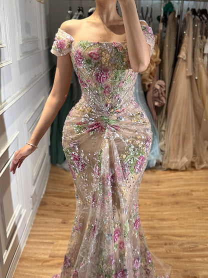 Luxury Nude Pink Floral Beaded Mermaid Dress LA72905C