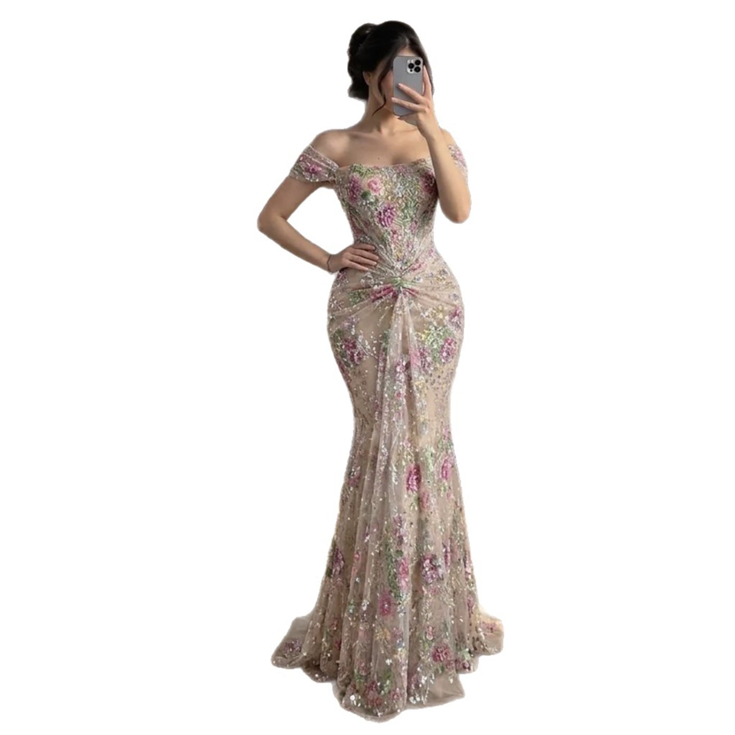Luxury Nude Pink Floral Beaded Mermaid Dress LA72905C