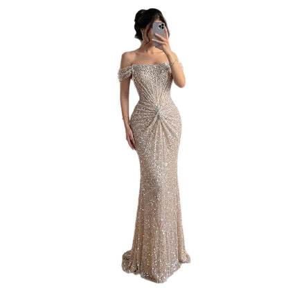 Luxury Cream Crystal Beaded Off The Shoulder Mermaid Dress LA72905D